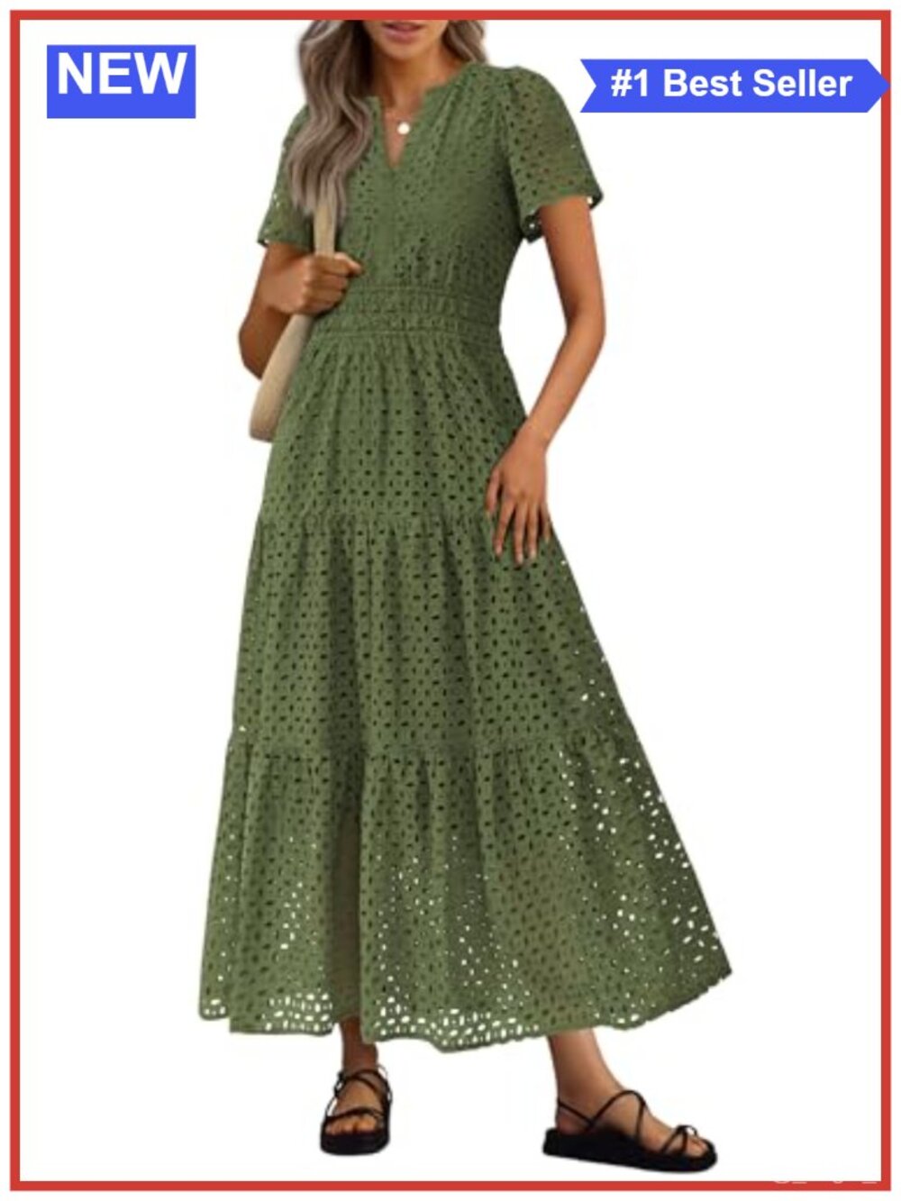Women's Eyelet Maxi Dress V-Neck Short Sleeve A-Line Cotton Boho Summer
